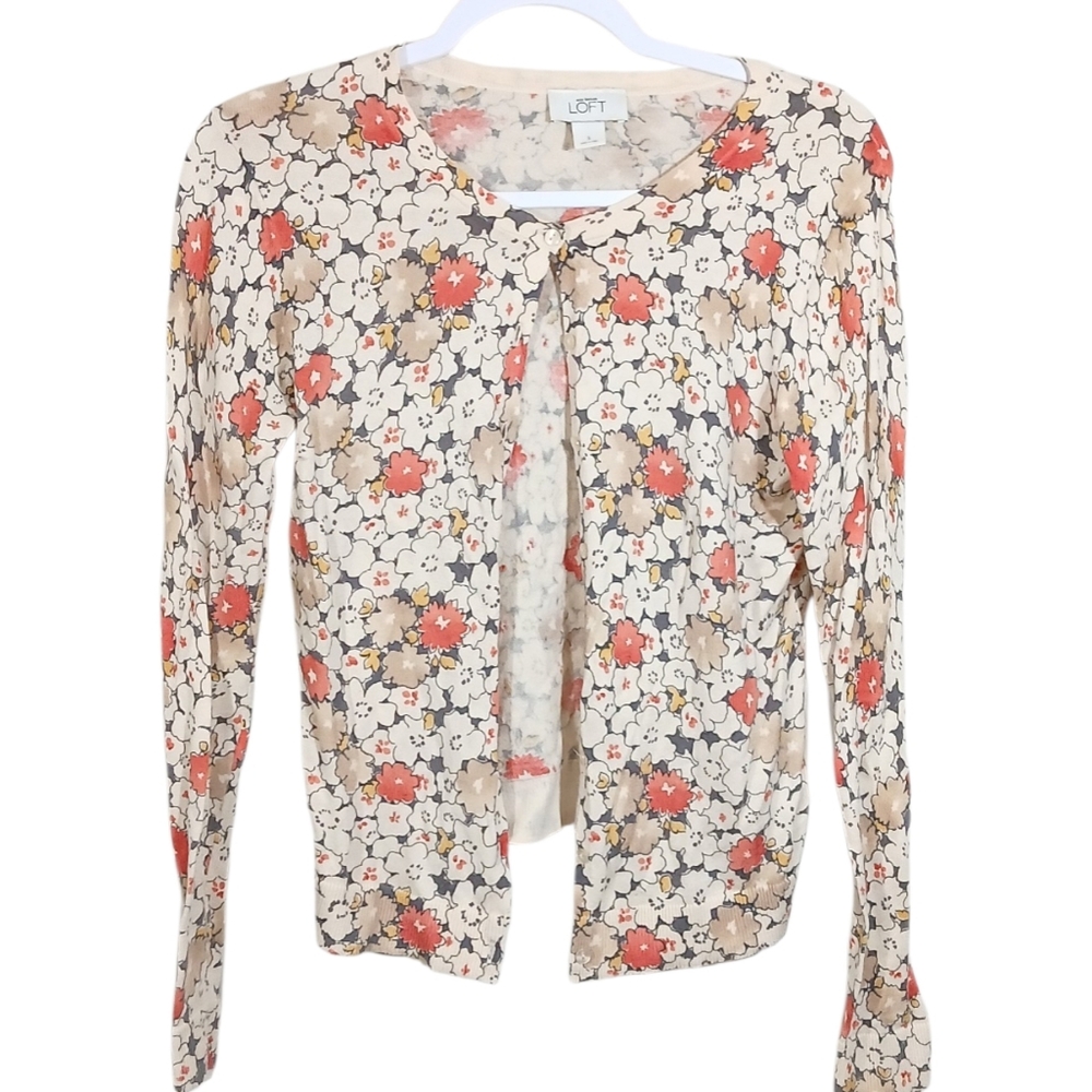 LOFT Floral Cardigan Sweater 100% Cotton Peach Gray Cream | Size Small